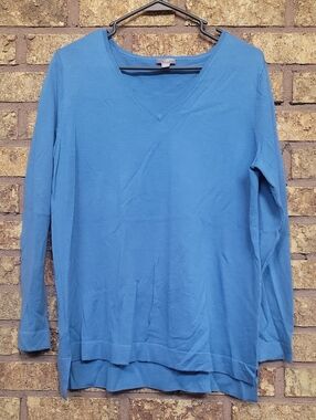 J. Jill Blue V-Neck Sweater Merino Wool Size Medium Lightweight Fall Casual